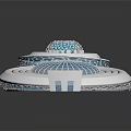 Cartoon Scenery Featuring Three Round Buildings With Blue Grid And White Structure Design