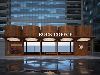 Commercial Street Scene Featuring Rock Coffee Shop With Rusted Metal Exterior And Large Glass Windows 3d model