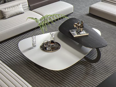 Modern Black And White Coffee Table With Tray Decorative Sculpture And Potted Plant Near Sofa 3d model