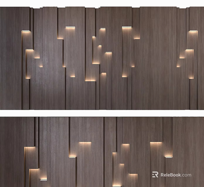 Modern Wooden Feature Wall With Vertical Slats And Built In Warm Lighting Design 3d model 