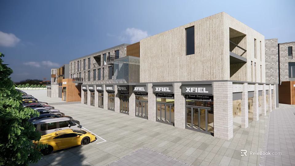Modern Commercial Street with Beige Stone Facades Multiple Shop Fronts Glass Windows and Parking Area 3d model 