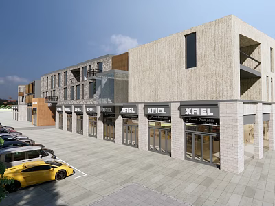 Modern Commercial Street with Beige Stone Facades Multiple Shop Fronts Glass Windows and Parking Area 3d model