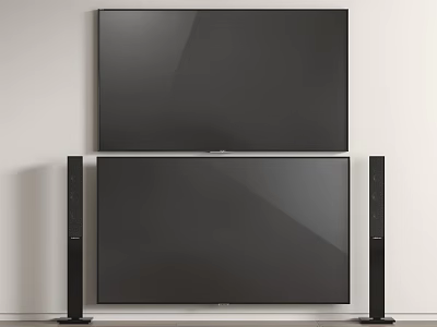 Two Flat Screen Televisions With Black Speakers On Light Wall 3d model