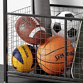 Sports Equipment Storage Rack With Various Balls Rackets Skateboard And Helmet