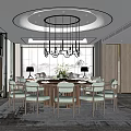 Elegant Private Dining Room Interior With Round Table Green Chairs And Chandelier 3d model