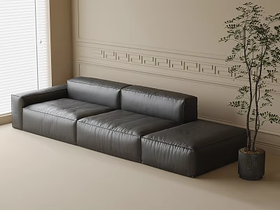 Dark Leather L-shaped Sectional Sofa In Living Room Light Wall Decorative Molding Green Plant Window Blinds 3d model
