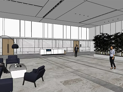 Modern Front Desk Reception Area In Lobby With Comfortable Sofas Green Plants And Glass Windows 3d model