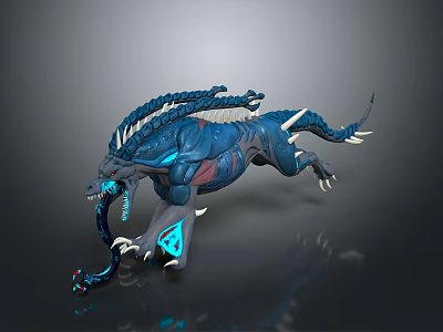 Fierce Blue Black Game Movie Monster Character With Braided Mane Sharp Claws And Glowing Parts 3d model