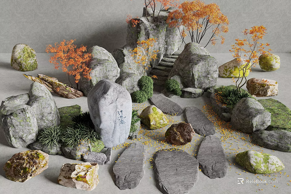 Natural Decorative Stones With Autumn Trees Green Plants And Small Shrubs 3d model 