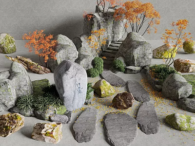 Natural Decorative Stones With Autumn Trees Green Plants And Small Shrubs 3d model
