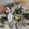 Natural Decorative Stones With Autumn Trees Green Plants And Small Shrubs