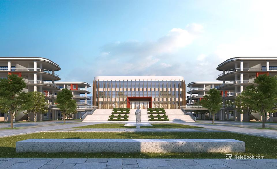 Modern Multi Story School Building With Front Lawn Sculpture And Spacious Plaza 3d model 