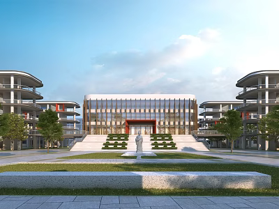 Modern Multi Story School Building With Front Lawn Sculpture And Spacious Plaza 3d model