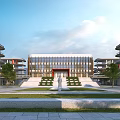 Modern Multi Story School Building With Front Lawn Sculpture And Spacious Plaza