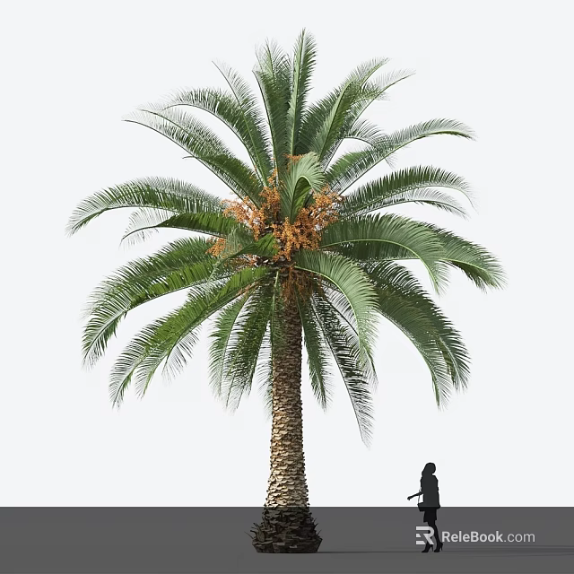 Tall Palm Tree with Lush Green Fronds Thick Trunk and Person Standing Nearby 3d model 