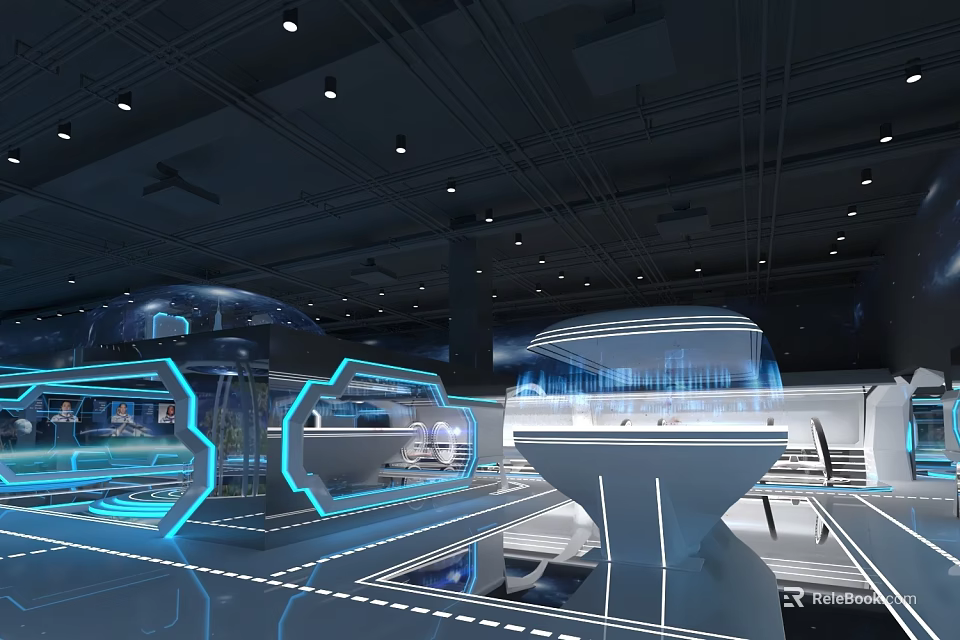 Futuristic Tech Exhibition Hall With Blue Lighting Transparent Screens And Curved Structures 3d model 
