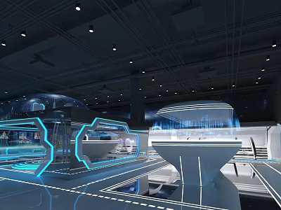 Futuristic Tech Exhibition Hall With Blue Lighting Transparent Screens And Curved Structures 3d model