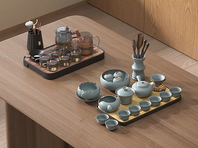 Elegant Tea Set with Teapot Multiple Cups Trays on Wooden Table Surface 3d model