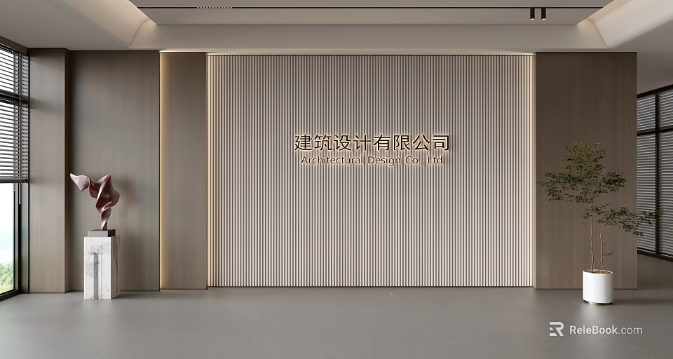 Minimalist Architecture Design Company Interior Background Wall With Modern Striped Panels And Soft Lighting 3d model 