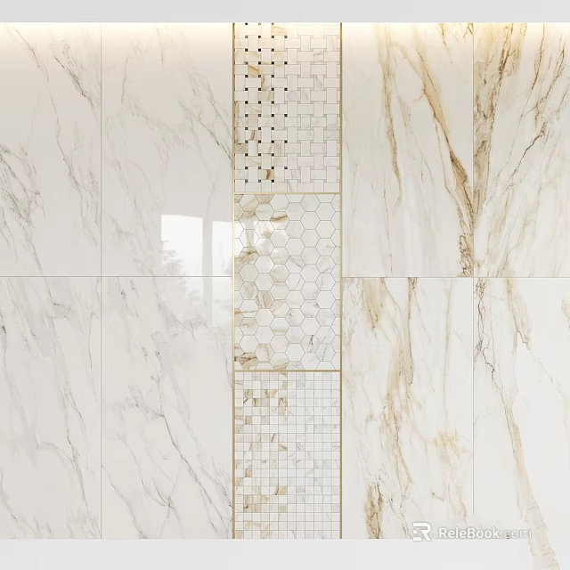 Marble Tile Wall Decorative Vertical Component With Hexagonal Square Shapes And Gold Frame 3d model