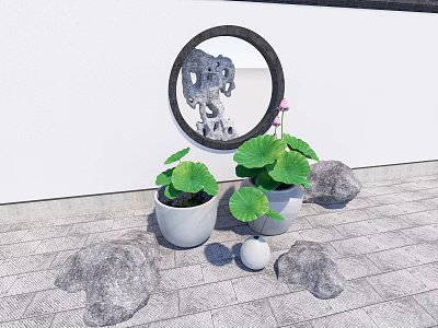 Serene Courtyard Garden With Circular Window Lotus Leaf Plants Stones And Stone Paved Floor 3d model