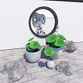 Serene Courtyard Garden With Circular Window Lotus Leaf Plants Stones And Stone Paved Floor