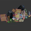 Mixed Household Waste Collection With Cardboard Boxes Trash Bags Cans Bottles And Food Packages