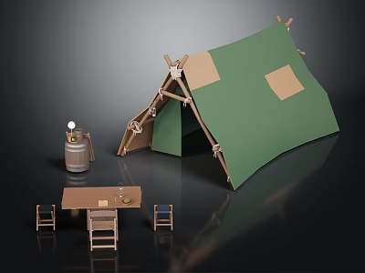 Green Camping Tent with Wooden Table Chairs Barrel and Lantern Setup 3d model