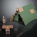 Green Camping Tent with Wooden Table Chairs Barrel and Lantern Setup 3d model