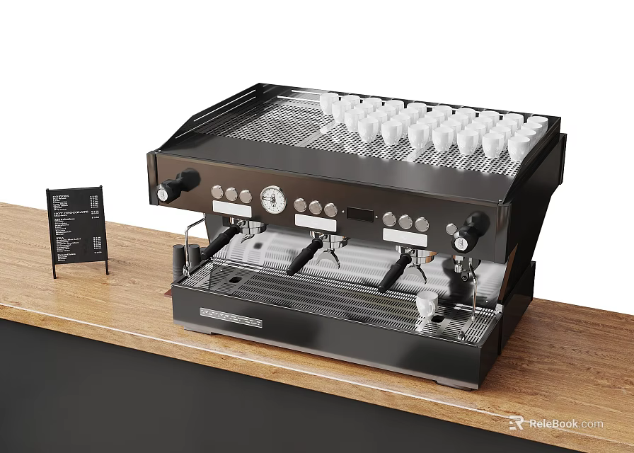 Modern Professional Coffee Machine As Kitchen Appliance On Wooden Countertop With Black Sign 3d model 