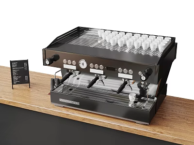 Modern Professional Coffee Machine As Kitchen Appliance On Wooden Countertop With Black Sign 3d model