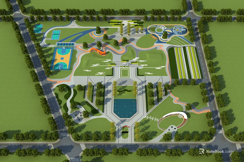 Scenic Urban Park Landscape With Green Spaces Pedestrian Paths And Central Fountain 3d model 