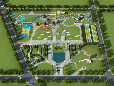 Scenic Urban Park Landscape With Green Spaces Pedestrian Paths And Central Fountain 3d model
