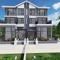 Modern Detached Villa With Large Glass Windows Balconies And Lush Garden Surroundings