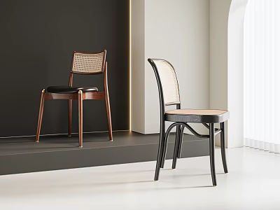 Modern Dining Chairs With Rattan Back And Wooden Frame In Interior Design 3d model