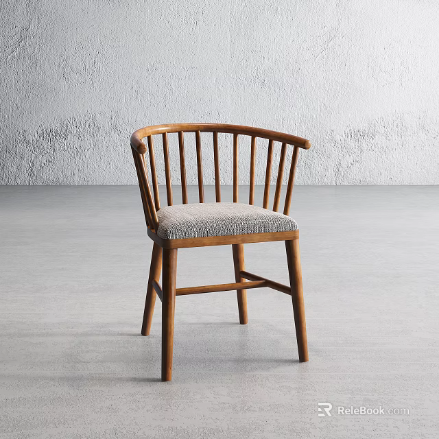 Modern Accent Chair With Wooden Frame Slatted Curved Backrest And Gray Fabric Cushion 3d model 