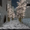 Cozy Night Alley Scenery With Traditional Buildings Lit Windows and Trees Under Warm Light
