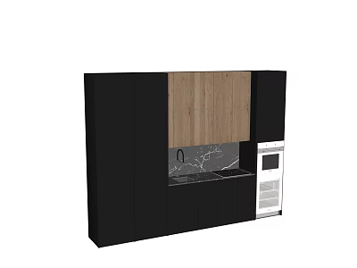 Modern Black Kitchen Cabinets With Wooden Panel Countertop Sink And Built-in Appliance 3d model