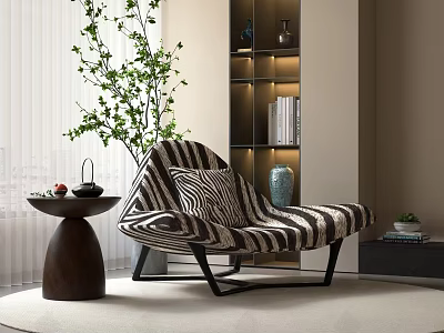 Stylish Leisure Sofa Combination With Zebra Pattern Small Round Table Green Plant And Bookshelf 3d model