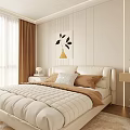 Neutral Toned Modern Bedroom Interior With Large Window Curtains And Decorative Wall Art