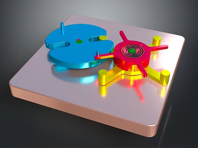 Industrial Mechanical Components On Square Base With Blue Red And Yellow Parts 3d model