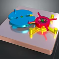 Industrial Mechanical Components On Square Base With Blue Red And Yellow Parts