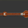 Traditional Red Wooden Sitar With Strings And Curved Body Design Details