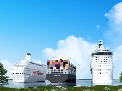 Luxury White Yacht In Scenic View With Blue Sky Clouds Calm Water And Shore Trees 3d model