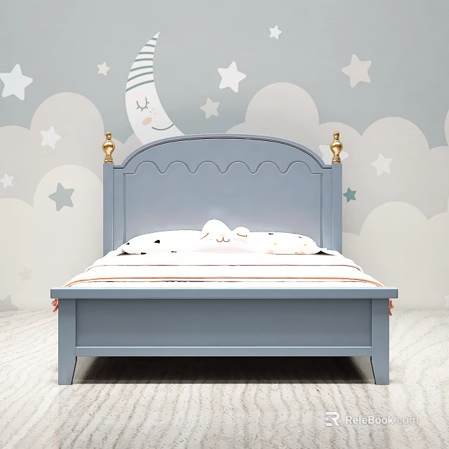 Light Blue Kids Bed Featuring Golden Headboard Decorations Star Moon Wallpaper and White Patterned Pillows 3d model 
