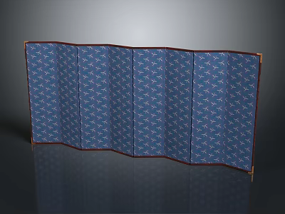 Blue Patterned Folding Screen With Multiple Panels And Wooden Frame For Home Interior 3d model