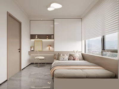 Modern Tatami Bedroom Interior With Storage Cabinets Desk And Window View 3d model