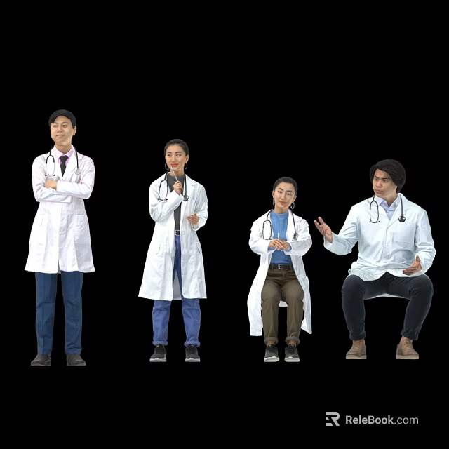 Group of Four Doctors in White Coats Standing and Sitting Communicating Together 3d model 