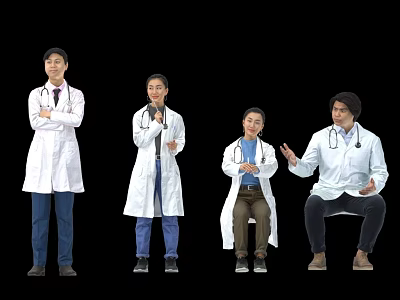 Group of Four Doctors in White Coats Standing and Sitting Communicating Together 3d model