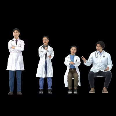 Group of Four Doctors in White Coats Standing and Sitting Communicating Together 3d model